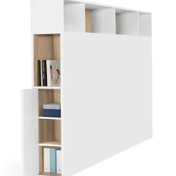 IDMarket Tête de lit sur pied CLEO 165 cm avec rangements fermés et niches blanc et façon hêtre* Tête De Lit