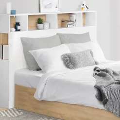 IDMarket Tête de lit sur pied CLEO 165 cm avec rangements fermés et niches blanc et façon hêtre* Tête De Lit