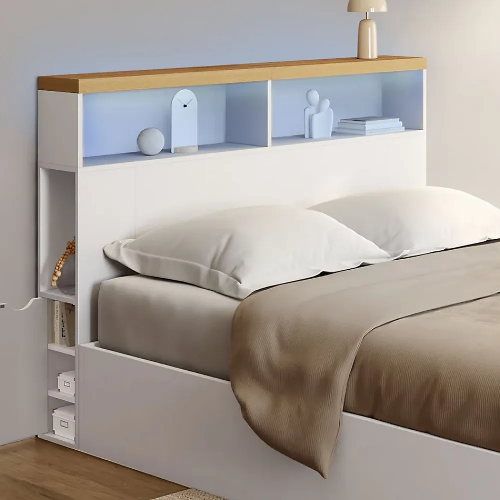 IDMarket Tête de lit sur pied LUNA à LEDS 145 cm avec rangements fermés et niches blanc et plateau effet bois* Tête De Lit