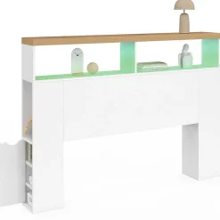 IDMarket Tête de lit sur pied LUNA à LEDS 145 cm avec rangements fermés et niches blanc et plateau effet bois* Tête De Lit