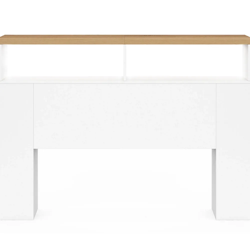 IDMarket Tête de lit sur pied LUNA à LEDS 145 cm avec rangements fermés et niches blanc et plateau effet bois* Tête De Lit