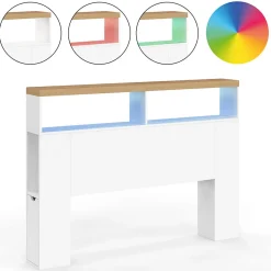 IDMarket Tête de lit sur pied LUNA à LEDS 145 cm avec rangements fermés et niches blanc et plateau effet bois* Tête De Lit