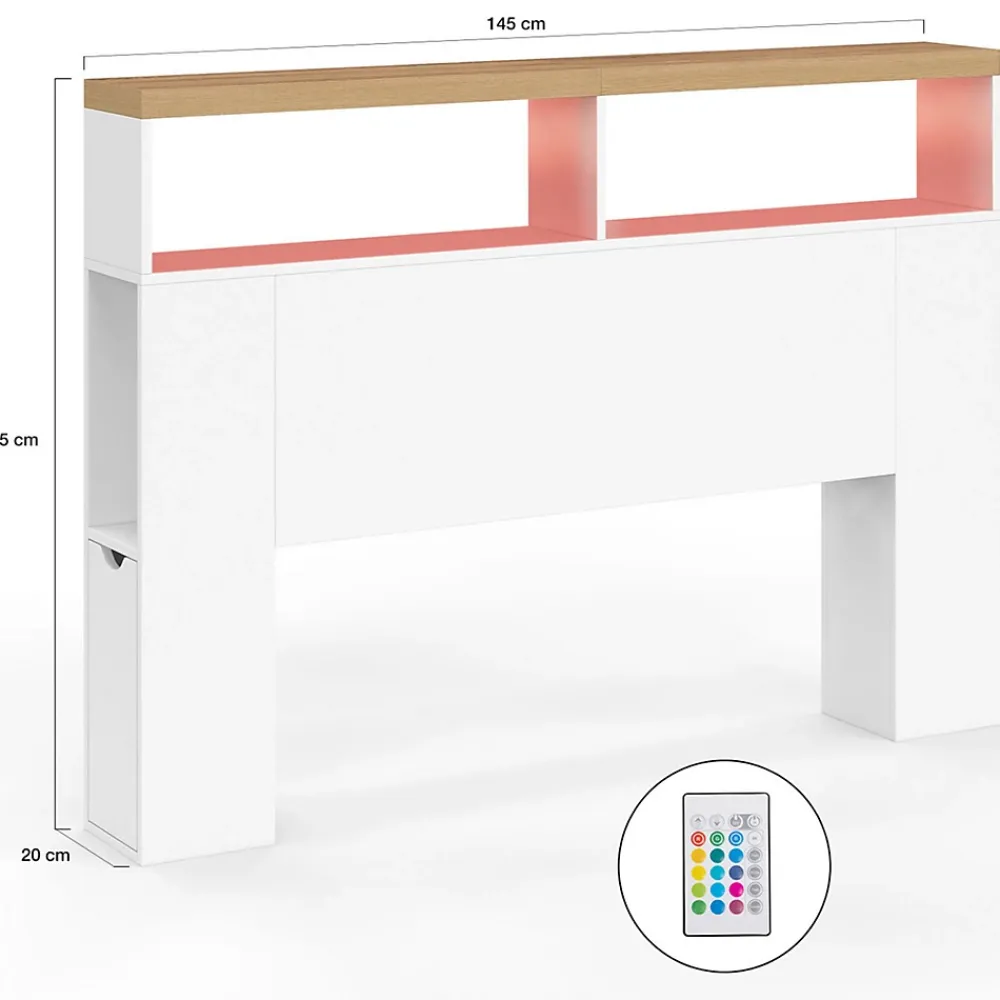 IDMarket Tête de lit sur pied LUNA à LEDS 145 cm avec rangements fermés et niches blanc et plateau effet bois* Tête De Lit