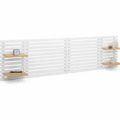 Tête de lit suspendue en lattes AVA 240 cm bois blanc et étagères façon hêtre>IDMarket