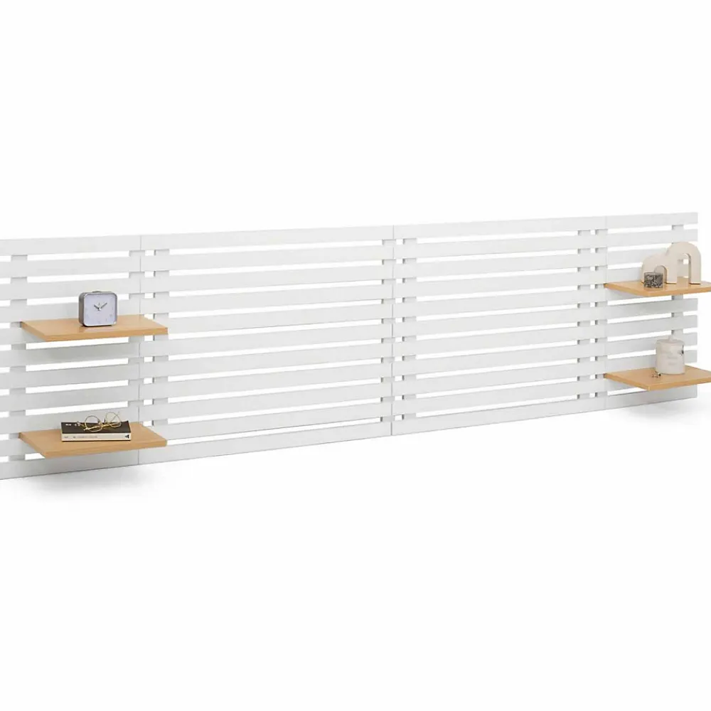 Tête de lit suspendue en lattes AVA 240 cm bois blanc et étagères façon hêtre>IDMarket