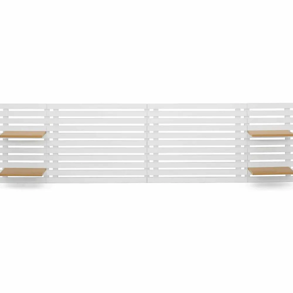 Tête de lit suspendue en lattes AVA 240 cm bois blanc et étagères façon hêtre>IDMarket