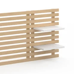 IDMarket Tête de lit suspendue en lattes AVA 240 cm bois clair et étagères blanches* Tête De Lit