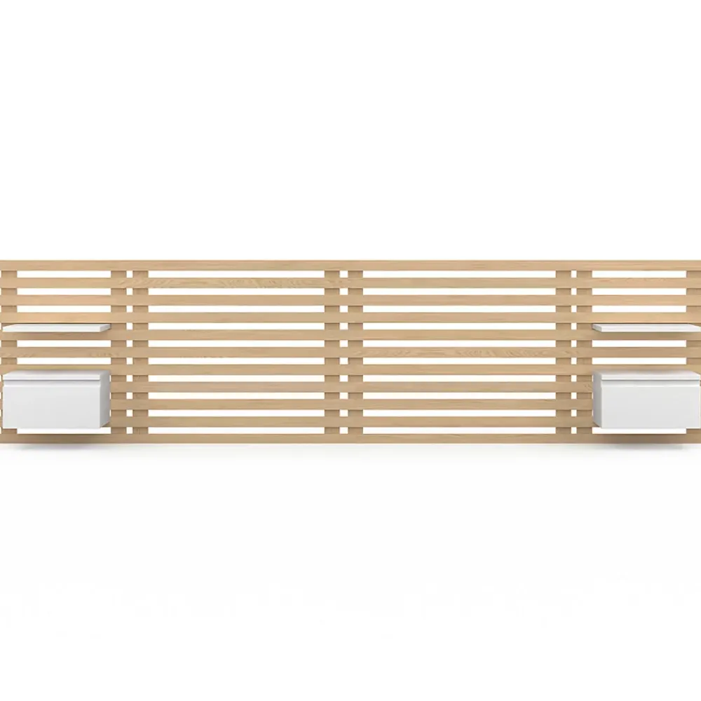 IDMarket Tête de lit suspendue en lattes AVA 240 cm avec chevets + tiroir façon bois clair et blanc* Tête De Lit