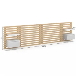 IDMarket Tête de lit suspendue en lattes AVA 240 cm avec chevets + tiroir façon bois clair et blanc* Tête De Lit