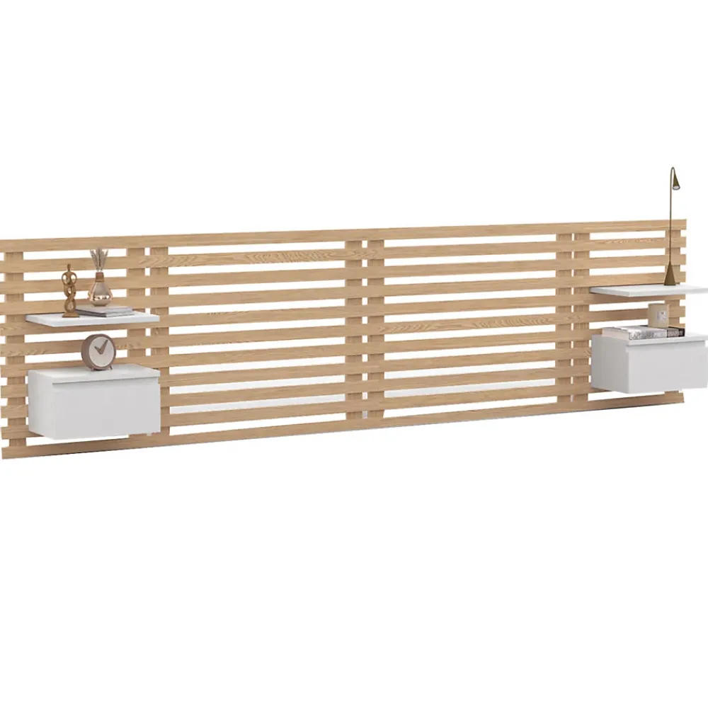IDMarket Tête de lit suspendue en lattes AVA 240 cm avec chevets + tiroir façon bois clair et blanc* Tête De Lit