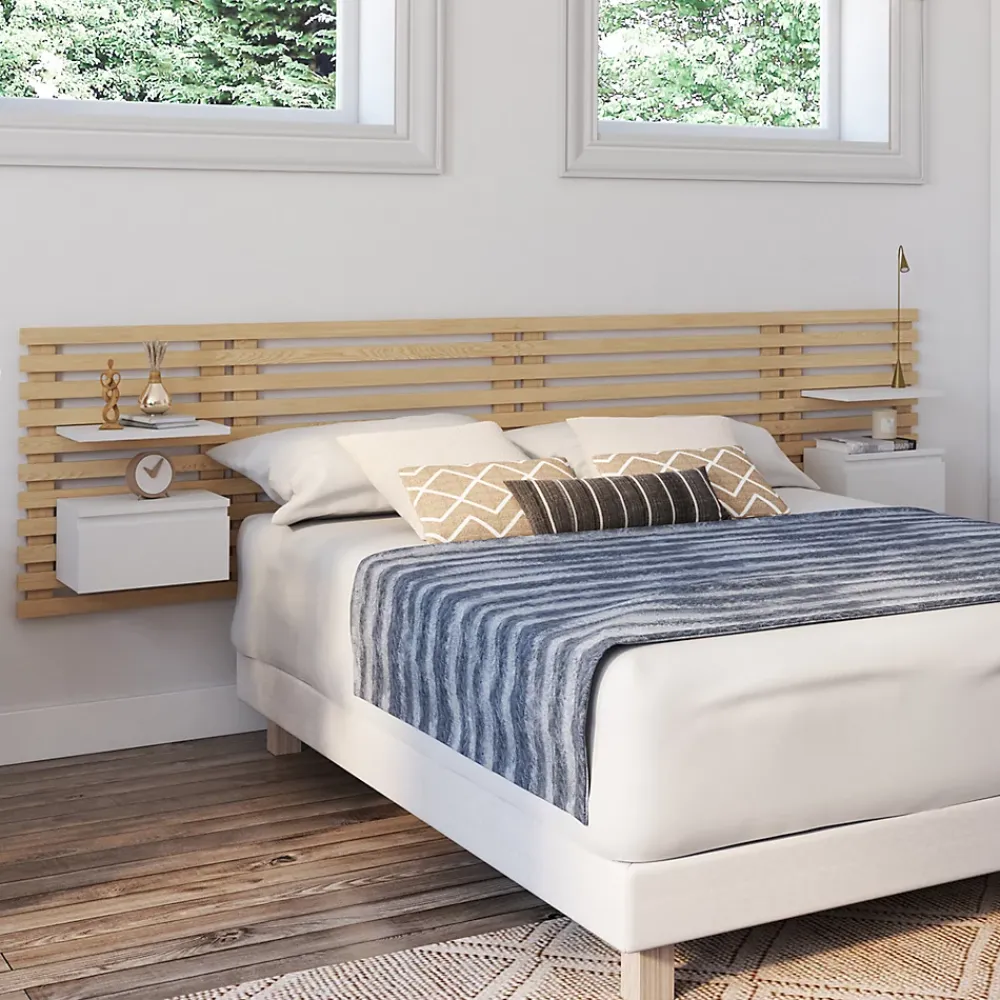 IDMarket Tête de lit suspendue en lattes AVA 240 cm avec chevets + tiroir façon bois clair et blanc* Tête De Lit