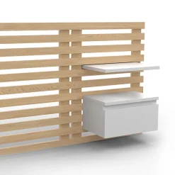 IDMarket Tête de lit suspendue en lattes AVA 240 cm avec chevets + tiroir façon bois clair et blanc* Tête De Lit