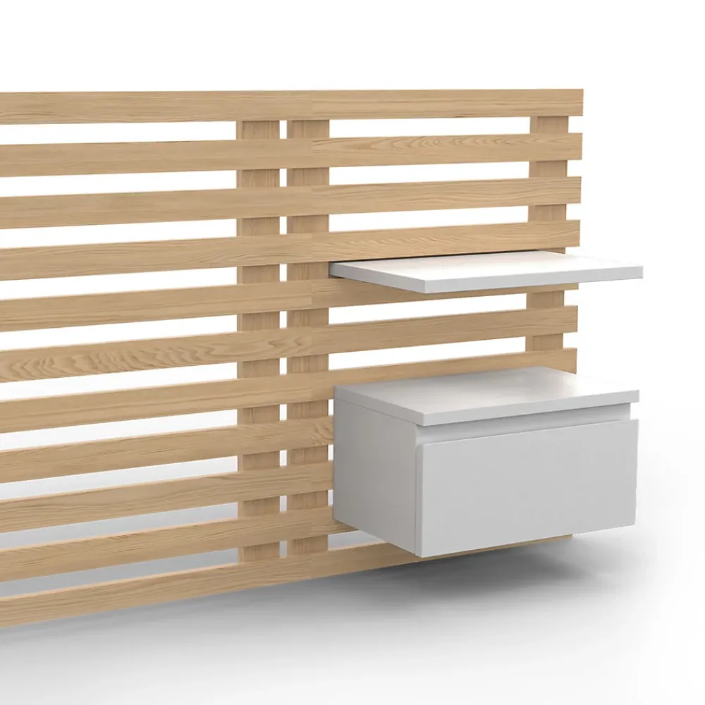 IDMarket Tête de lit suspendue en lattes AVA 240 cm avec chevets + tiroir façon bois clair et blanc* Tête De Lit