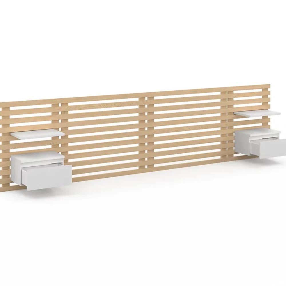 IDMarket Tête de lit suspendue en lattes AVA 240 cm avec chevets + tiroir façon bois clair et blanc* Tête De Lit