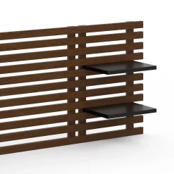 Tête de lit suspendue en lattes AVA 240 cm bois vieilli et étagères noires><noscript><img width=