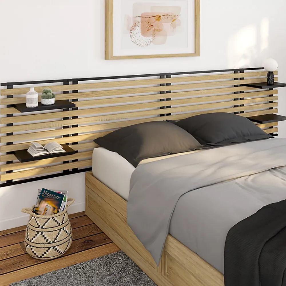 IDMarket Tête de lit suspendue en lattes DETROIT 240 cm bois et métal noir avec étagères design industriel* Tête De Lit