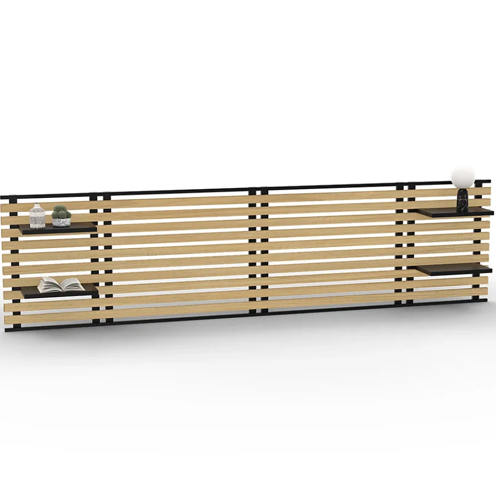 IDMarket Tête de lit suspendue en lattes DETROIT 240 cm bois et métal noir avec étagères design industriel* Tête De Lit