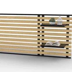 IDMarket Tête de lit suspendue en lattes DETROIT 240 cm bois et métal noir avec étagères design industriel* Tête De Lit