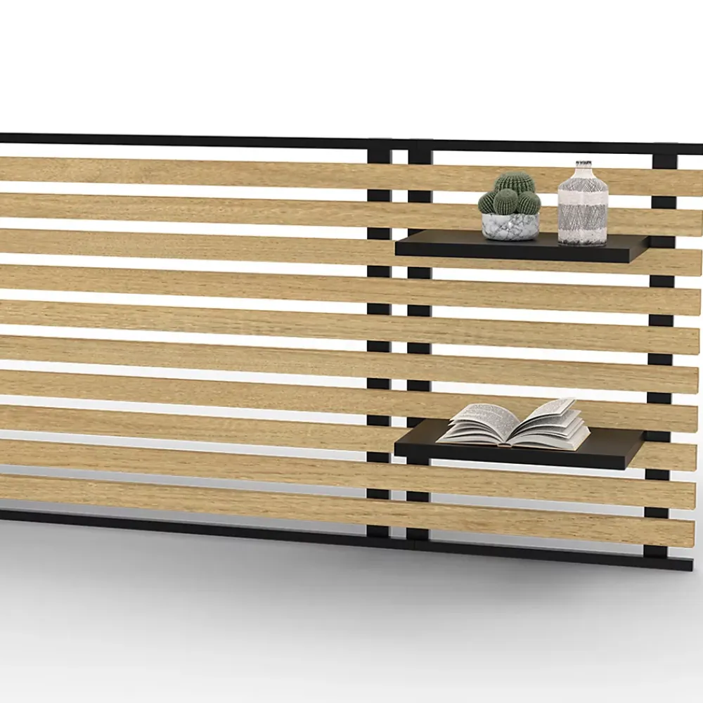 IDMarket Tête de lit suspendue en lattes DETROIT 240 cm bois et métal noir avec étagères design industriel* Tête De Lit