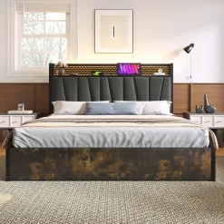 Urban Meuble Lit double tissu gris avec éclairage LED et rangement 140x200cm* Lit Double