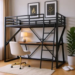 Lit superposé métallique enfant noir avec LED, bureau intégré>Urban Meuble Online