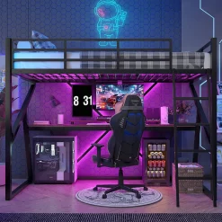 Lit superposé métallique enfant noir avec LED, bureau intégré>Urban Meuble Online