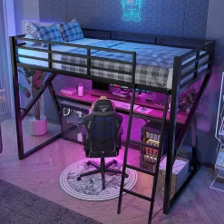 Lit superposé métallique enfant noir avec LED, bureau intégré><noscript><img width=