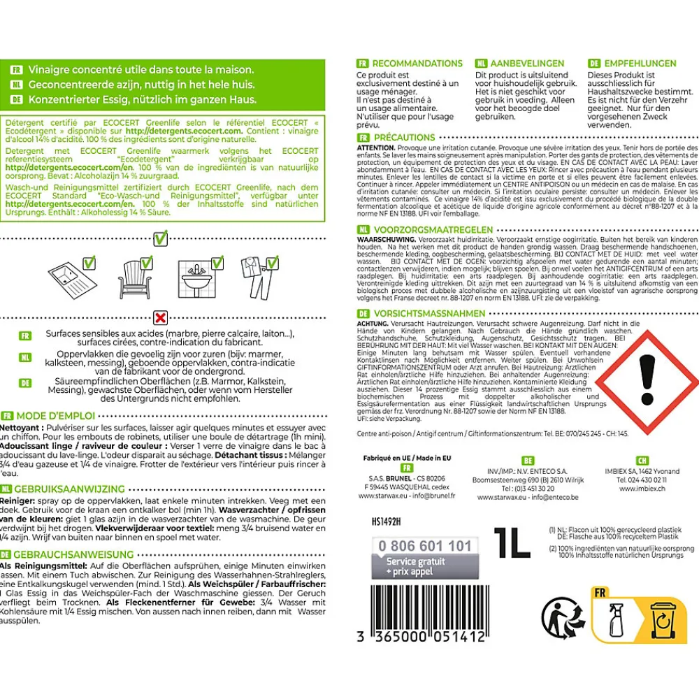 Vinaigre blanc détartrant pulvérisateur 14° 1L>Starwax