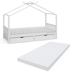 Vitalispa Lit cabane Blanc 90x200 cm avec 2 tiroirs et matelas>Vitalispa® Online