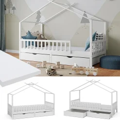 Vitalispa Lit cabane Blanc 90x200 cm avec 2 tiroirs et matelas>Vitalispa® Online