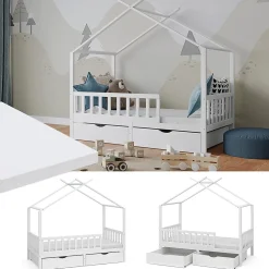 Vitalispa® Vitalispa Lit cabane Blanc 80x160 cm avec 2 tiroirs et matelas*Enfant Lit Enfant