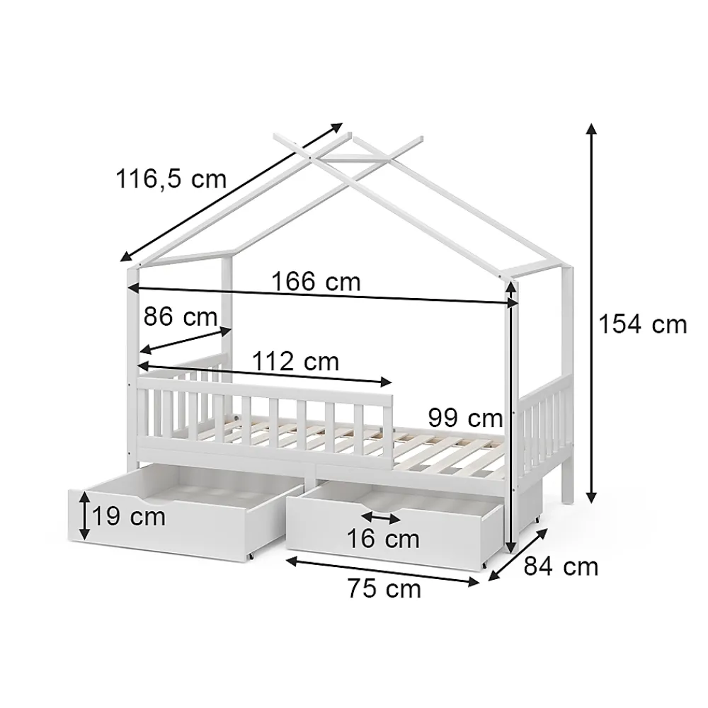 Vitalispa® Vitalispa Lit cabane Blanc 80x160 cm avec 2 tiroirs et matelas*Enfant Lit Enfant