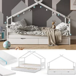 Vitalispa Lit cabane Blanc 90x200 cm avec lit dappoint et 2 matelas>Vitalispa®