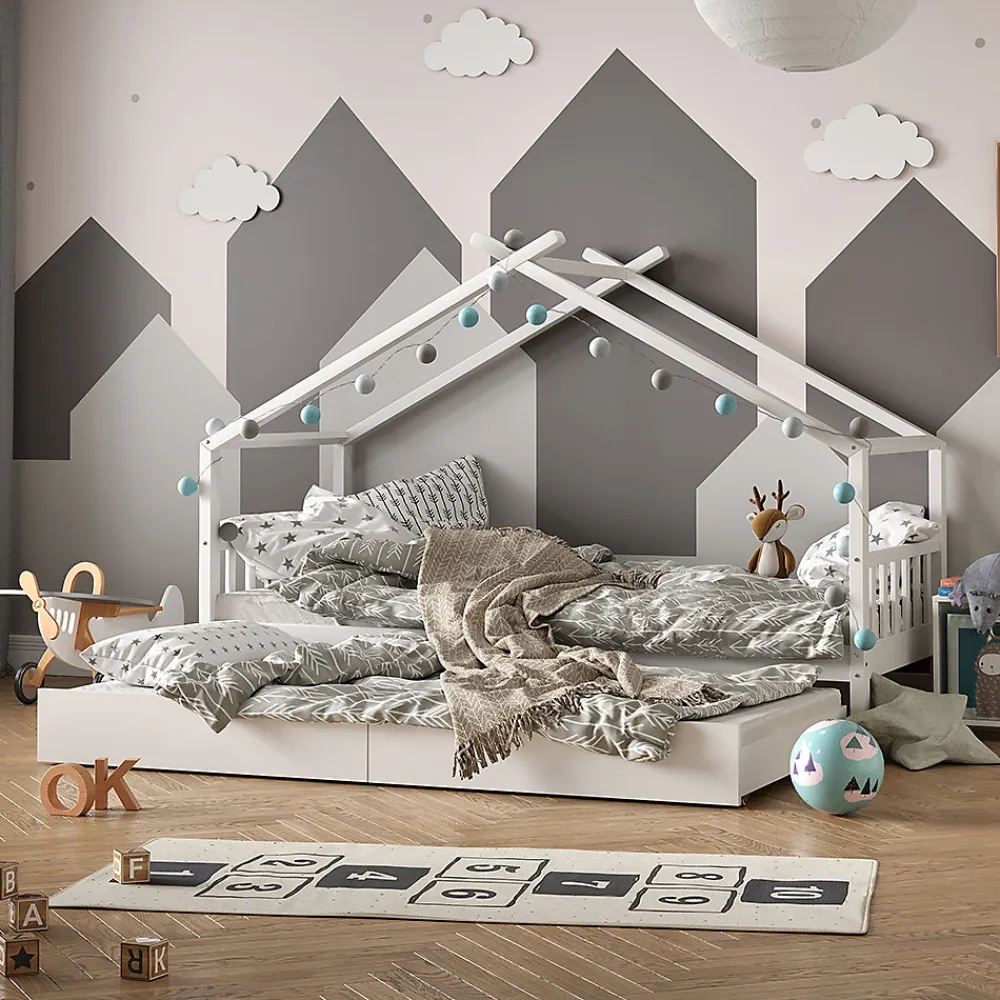 Vitalispa Lit cabane Blanc 90x200 cm avec lit dappoint et 2 matelas>Vitalispa®