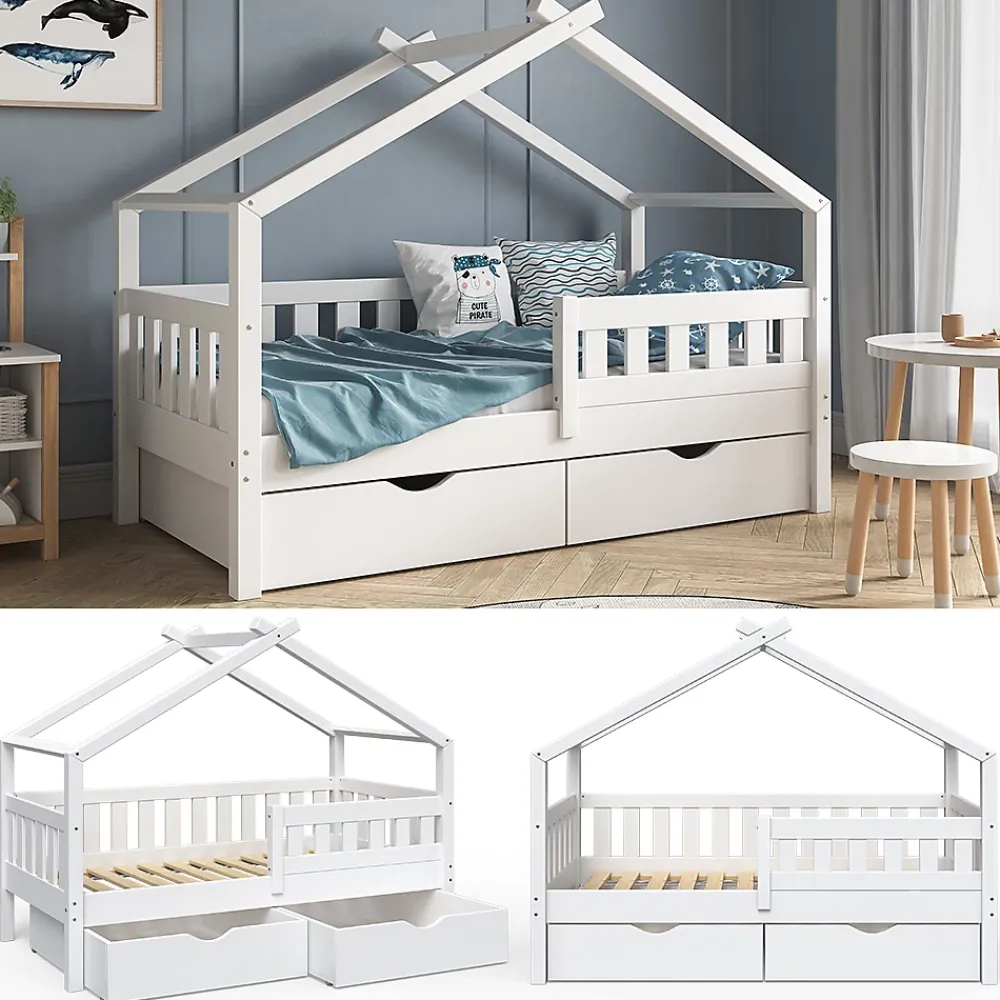 Vitalispa® Vitalispa Lit cabane Blanc 80x160 cm avec 2 tiroirs*Enfant Lit Enfant