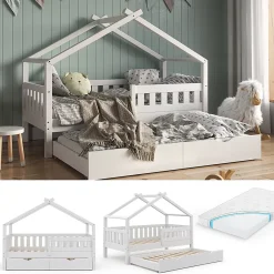 Vitalispa® Vitalispa Lit cabane Blanc 80x160 cm avec lit dappoint et matelas*Enfant Lit Enfant