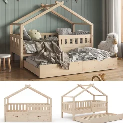 Vitalispa® Vitalispa Lit cabane Naturel bois 80x160 cm avec lit dappoint*Enfant Lit Enfant