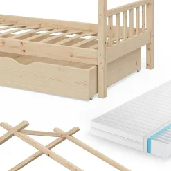 Vitalispa® Vitalispa Lit cabane Naturel bois 90x200 cm avec 2 tiroirs et matelas*Enfant Lit Enfant