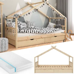 Vitalispa® Vitalispa Lit cabane Naturel bois 90x200 cm avec 2 tiroirs et matelas*Enfant Lit Enfant