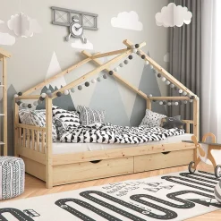 Vitalispa® Vitalispa Lit cabane Naturel bois 90x200 cm avec 2 tiroirs et matelas*Enfant Lit Enfant