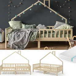 Vitalispa® Vitalispa Lit cabane Naturel bois 90x200 cm avec matelas*Enfant Lit Enfant
