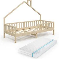 Vitalispa® Vitalispa Lit cabane Naturel bois 90x200 cm avec matelas*Enfant Lit Enfant