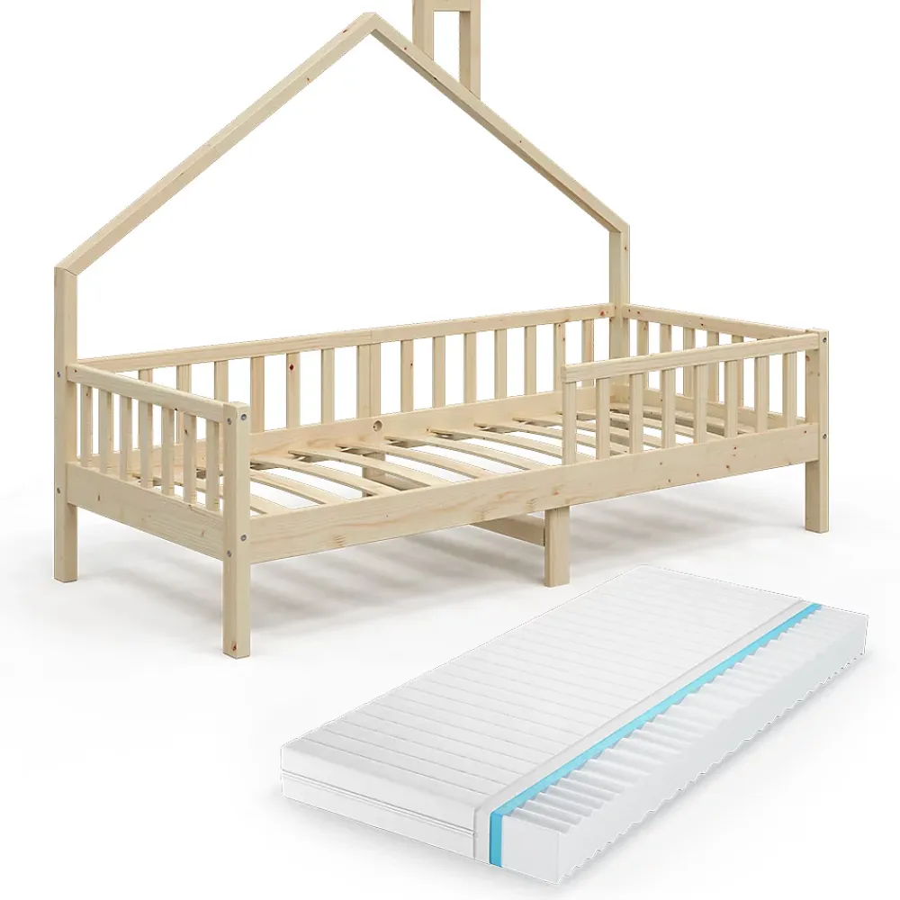 Vitalispa® Vitalispa Lit cabane Naturel bois 90x200 cm avec matelas*Enfant Lit Enfant