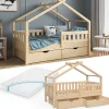 Vitalispa® Vitalispa Lit cabane Naturel bois 80x160 cm avec 2 tiroirs et matelas*Enfant Lit Enfant