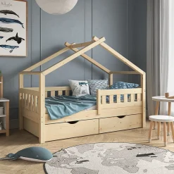 Vitalispa® Vitalispa Lit cabane Naturel bois 80x160 cm avec 2 tiroirs et matelas*Enfant Lit Enfant