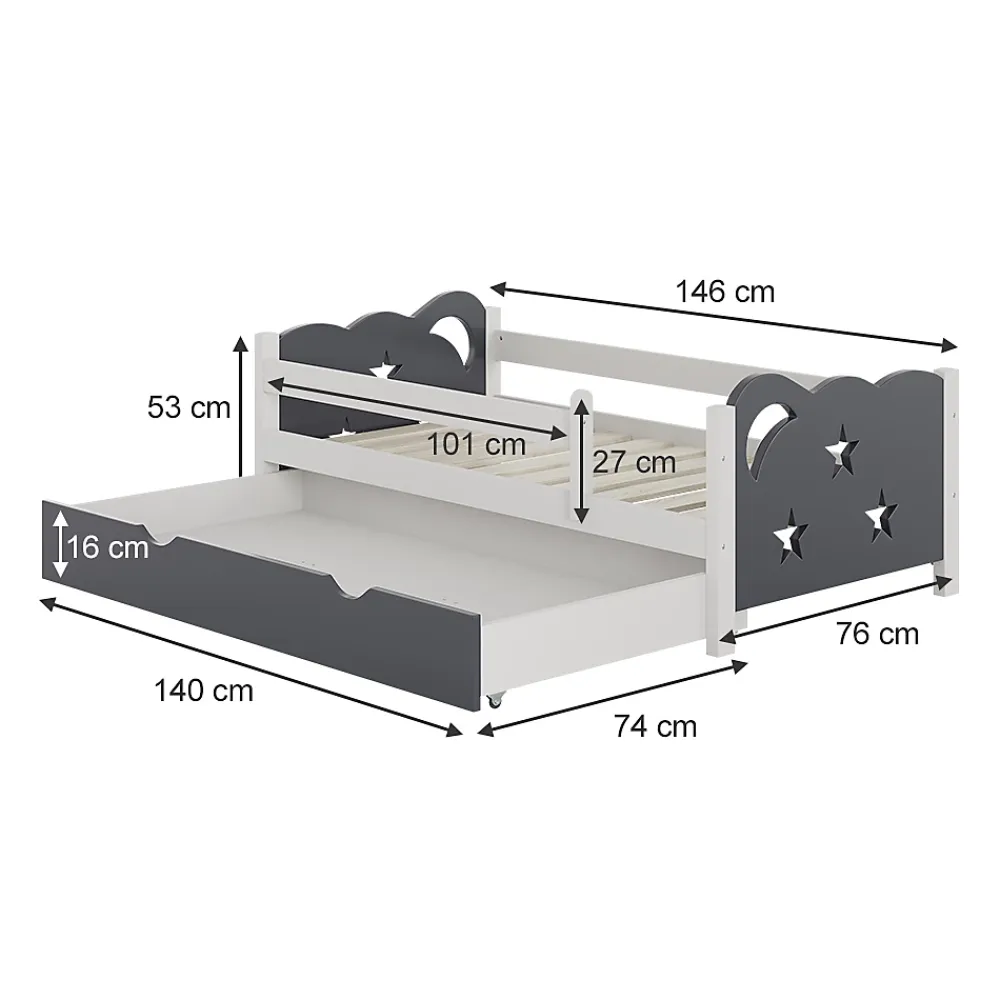 Vitalispa® Vitalispa Lit pour enfant Gris 70x140 cm avec tiroir, sans matelas*Enfant Lit Enfant