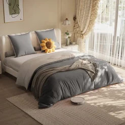 140X200 Parure de lit 4 pièces, lit double, grand lit, 1 housse de couette, 1 drap-housse et 2 taies d'oreiller,gris>Fortuna lai New
