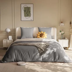140X200 Parure de lit 4 pièces, lit double, grand lit, 1 housse de couette, 1 drap-housse et 2 taies d'oreiller,gris>Fortuna lai New