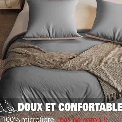 140X200 Parure de lit 4 pièces, lit double, grand lit, 1 housse de couette, 1 drap-housse et 2 taies d'oreiller,gris><noscript><img width=