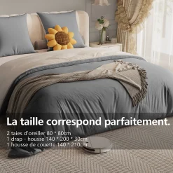 140X200 Parure de lit 4 pièces, lit double, grand lit, 1 housse de couette, 1 drap-housse et 2 taies d'oreiller,gris><noscript><img width=